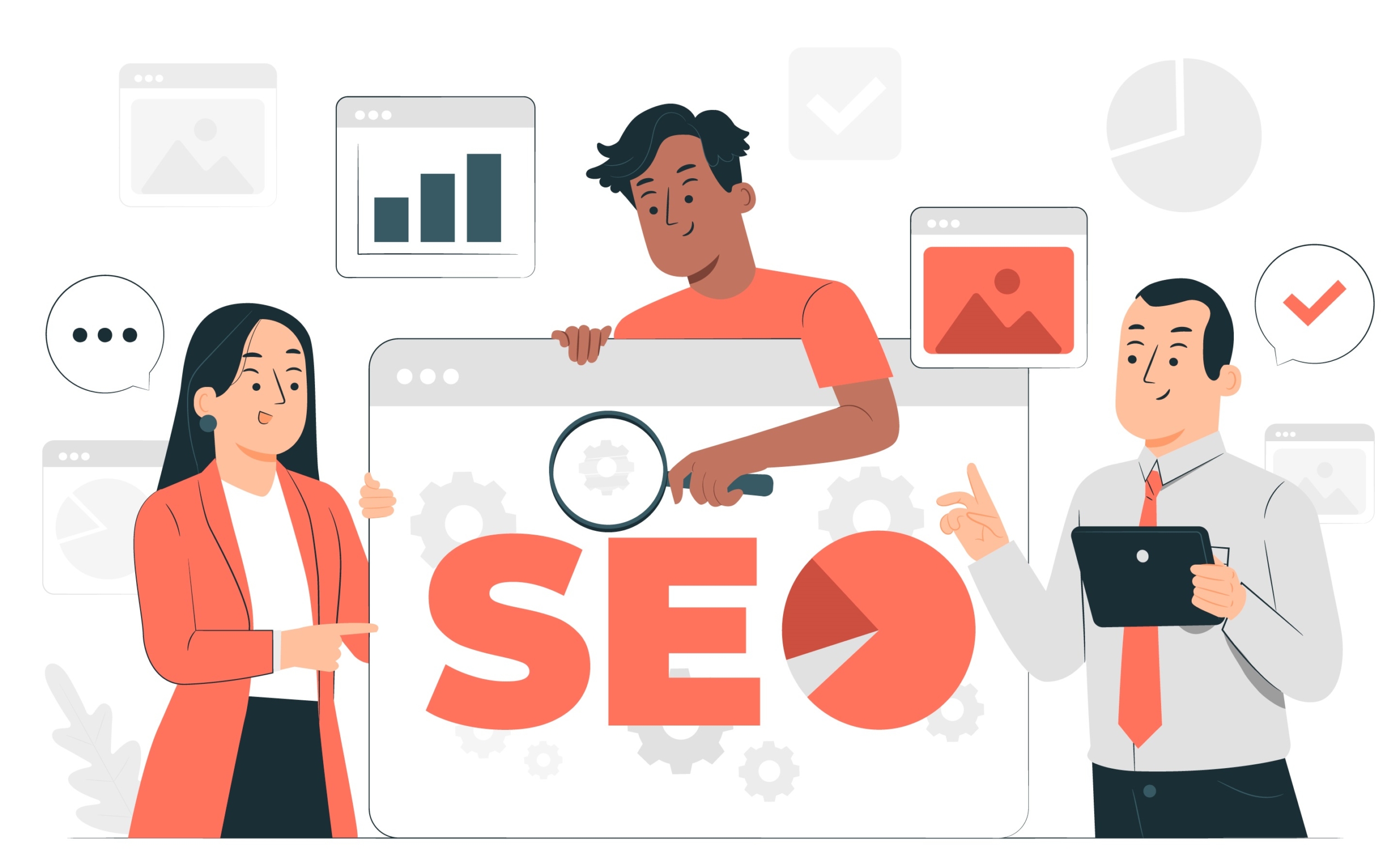 SEO vector image with icons representing search engine optimization elements