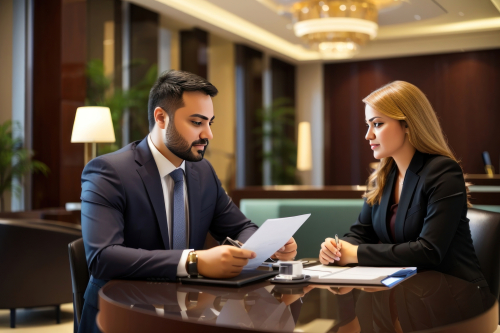 portrait-two-business-people-discussing-work-meeting-luxurious-hotel-lobby